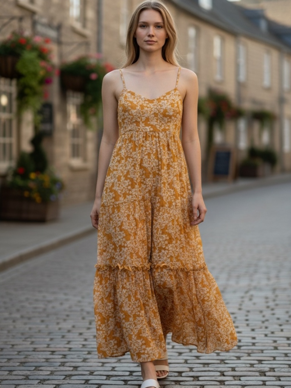 Lulus Mustard Yellow Floral Tiered Maxi Dress